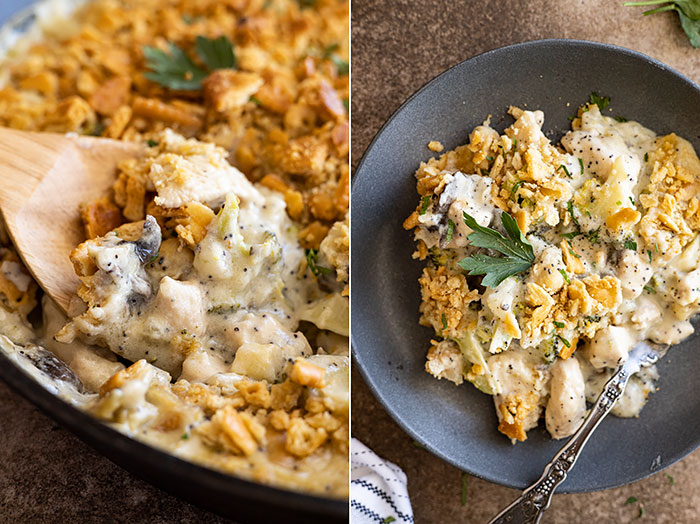 Two pictures: one a close up with a spoon in the dish scooping up the casserole and the other is casserole on a dark blue plate.