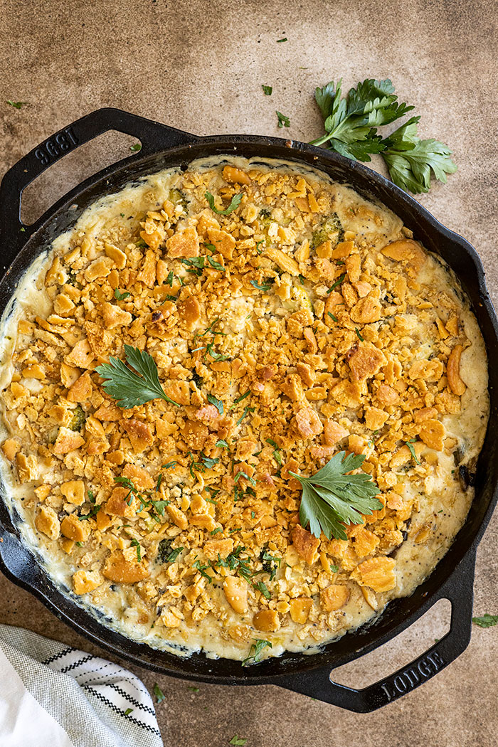 Overhead view of casserole from the oven. Nice golden topping and garnished with fresh parsley. 