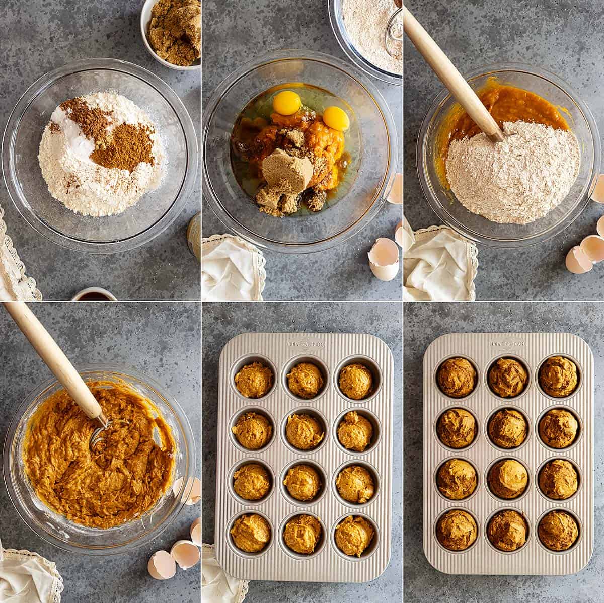 Six pictures showing how to mix, scoop, and bake these muffins. 