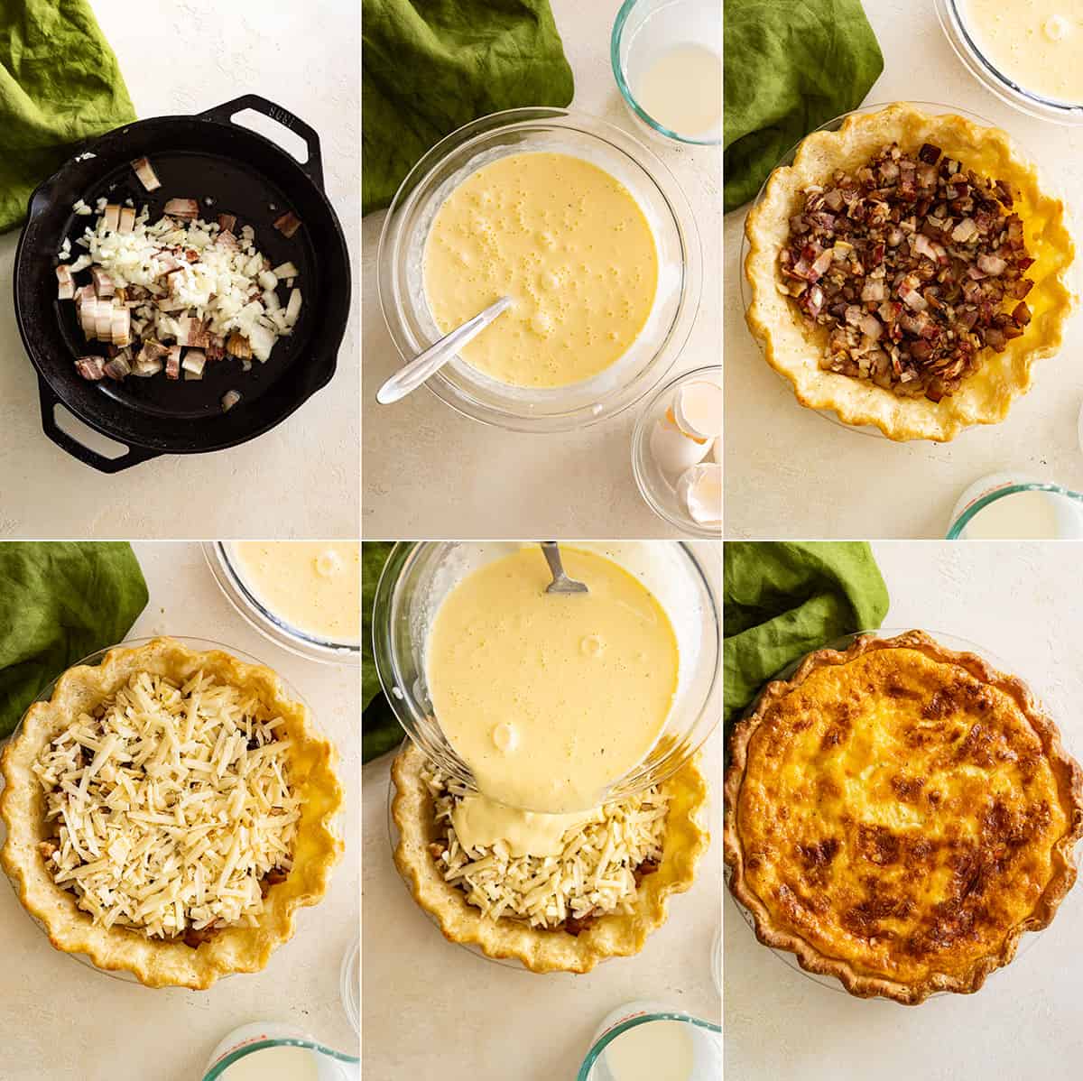 Six how to pictures: cooking the bacon and onion, mixing the eggs, and cream, adding cooked bacon to pie shell, adding cheese, pouring in eggs, baked. 
