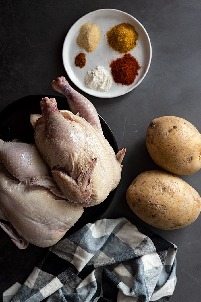 Overhead view of ingredients needed to make these roasted cornish hens.