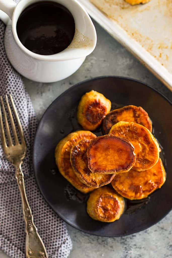 These Roasted Sweet Potatoes with Cinnamon Glaze are the perfect side dish! They are easy to make, healthy, and pair perfectly with many meat entrees.