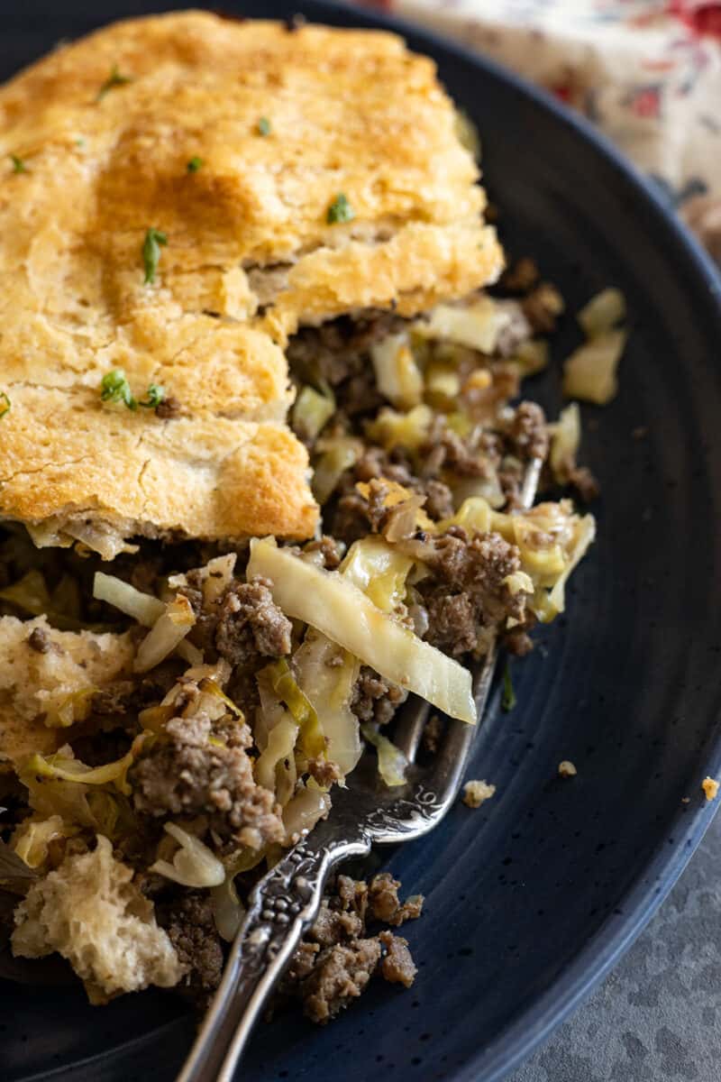 Close up of a slice of runza casserole and it's filling. 