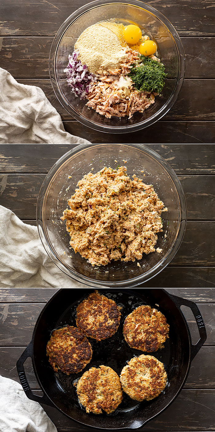 Three pictures showing how to make salmon burgers.