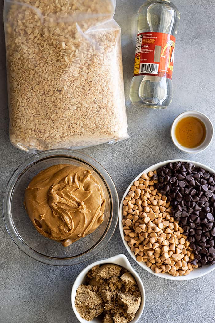 Overhead view of ingredients needed to make these tasty scotcharoos.