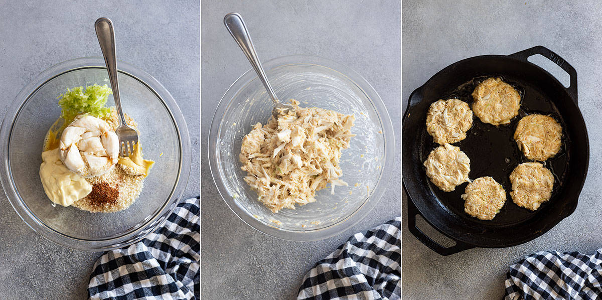 Three pictures showing how to make the crab cakes.