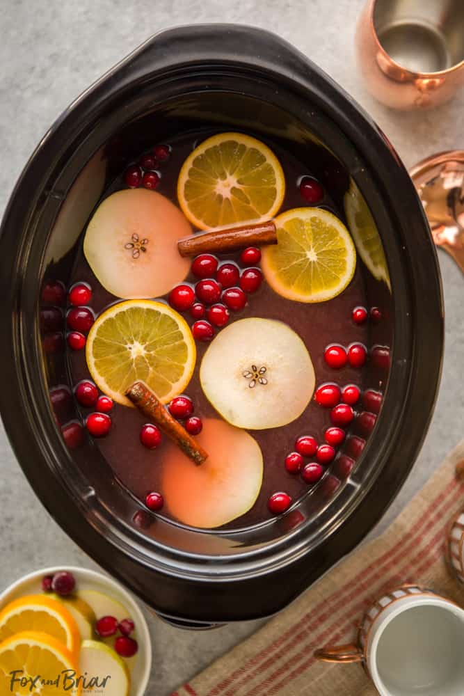 This Crock Pot Cranberry Pear Cider is made from scratch in your slow cooker! A festive, warm fall and winter beverage, perfect for Thanksgiving or Christmas!