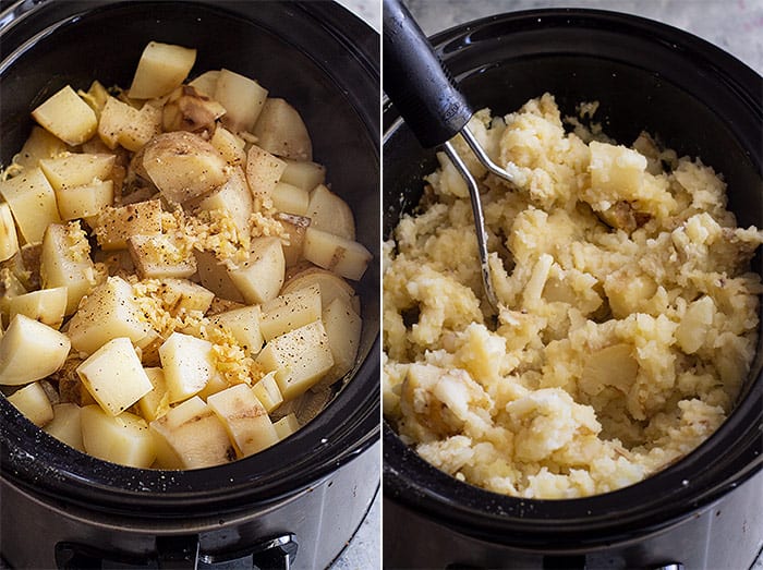 Pictures of slow cooker mashed potatoes just getting finished cooking and starting to mash. 