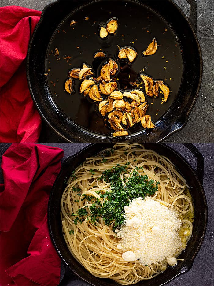 Garlic cooked in a cast iron pan and then pasta, parmesan, and parsley added.