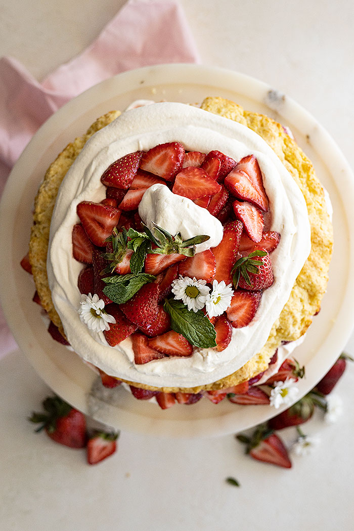 Overhead shot of finished cake. Garnished with mint and strawberry halves.