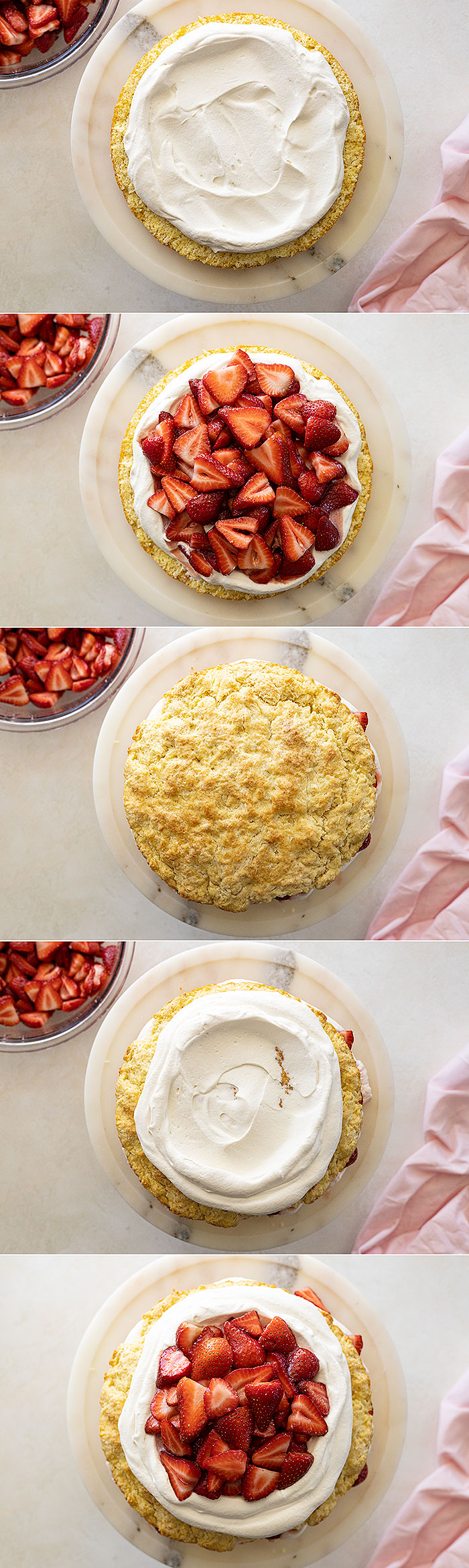 Five pictures showing how to assemble the cake.