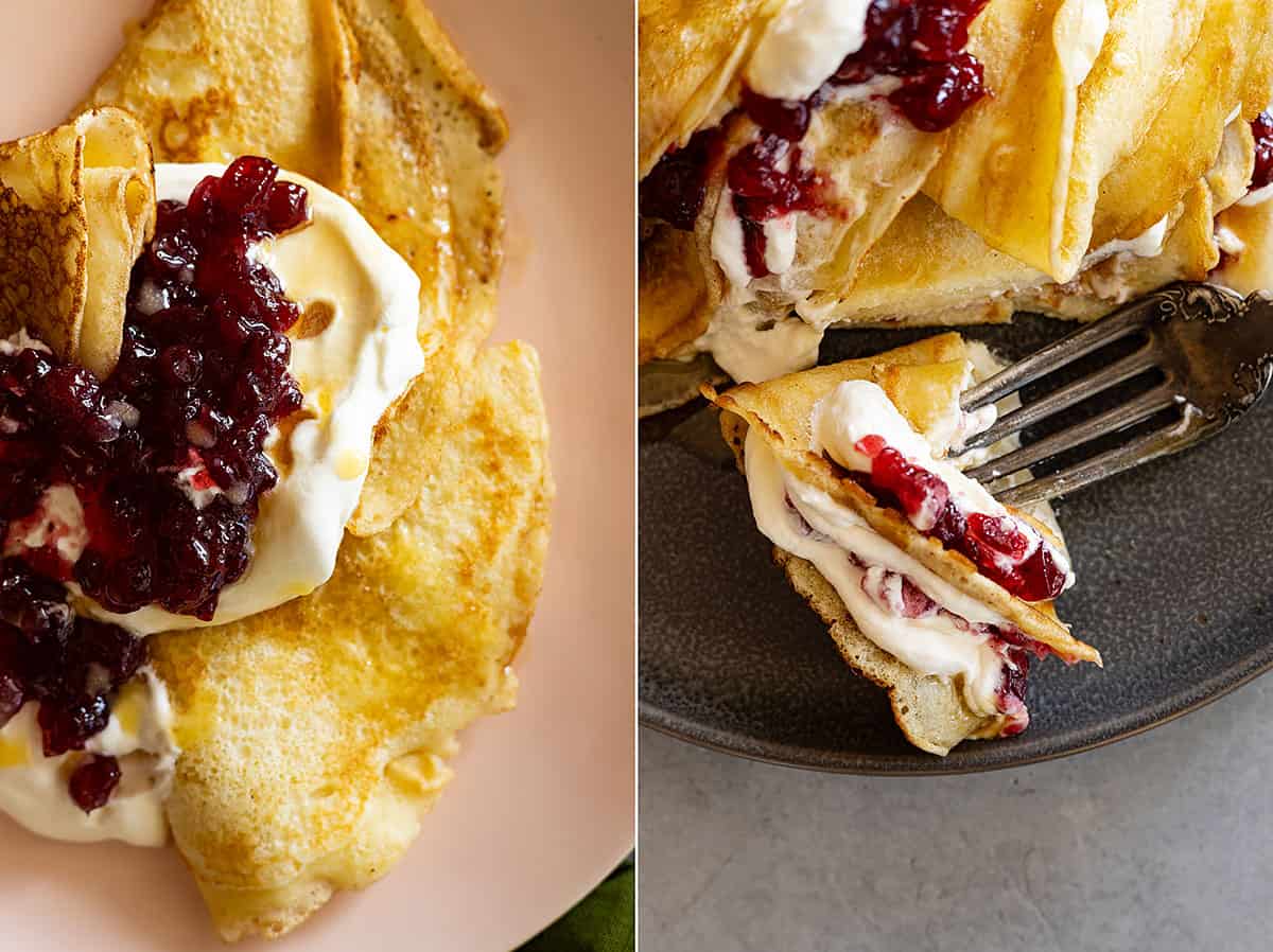 Two pictures one showing a close up of the pancakes on a pink plate and the other showing a fork with a bite ready to take. 