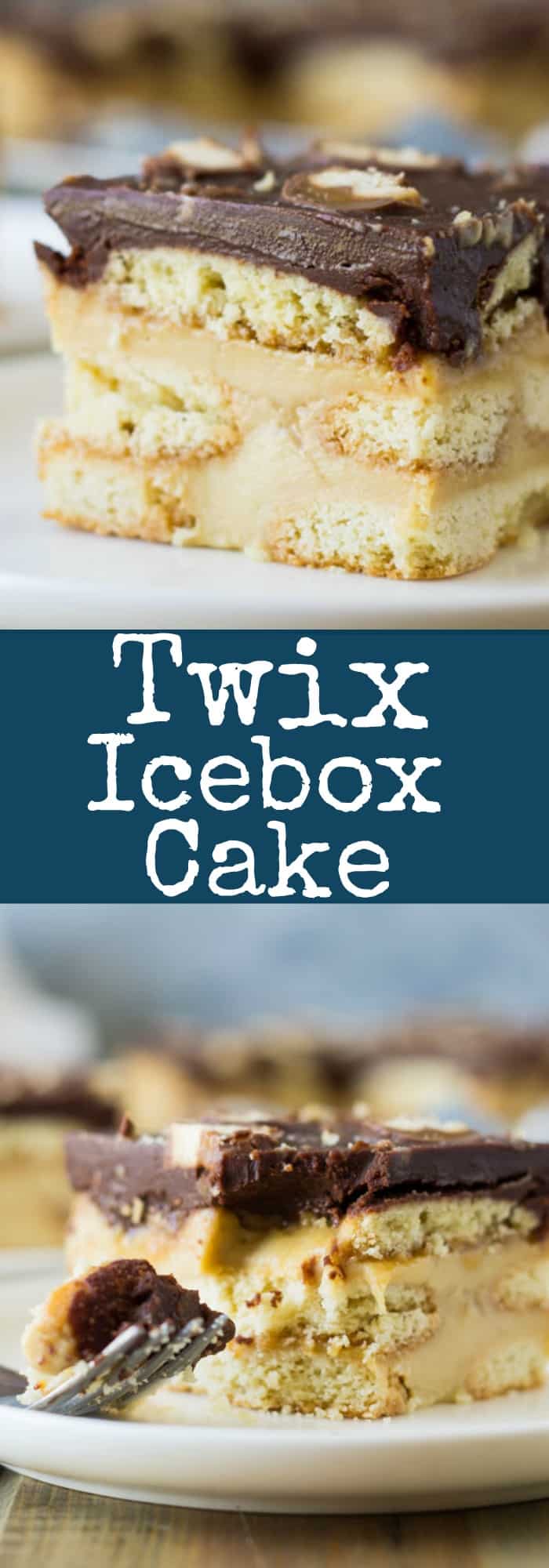 This Twix Icebox Cake is an easy and decadent no-bake cake. Made with homemade pudding, shortbread cookies, caramel and chocolate! | www.countrysidecravings.com
