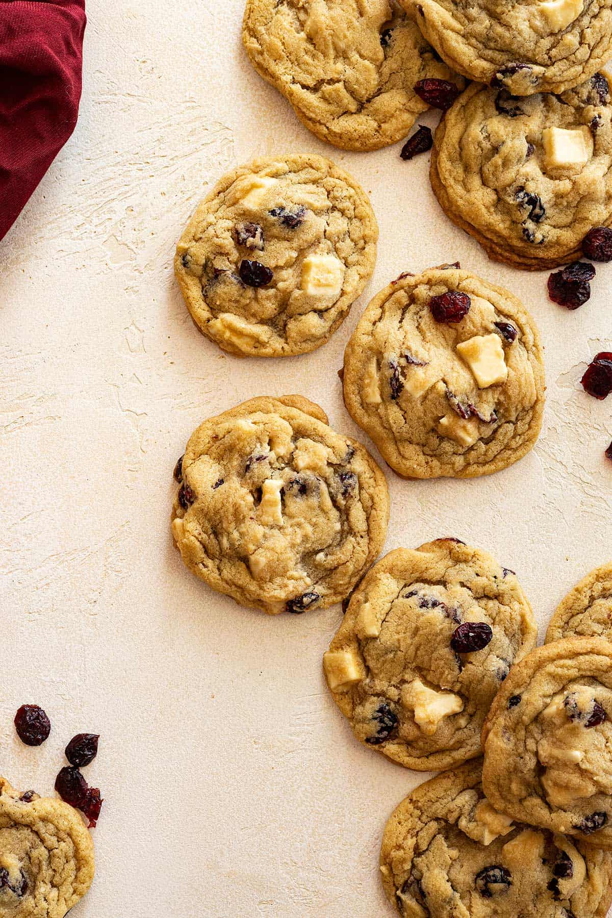 Overhead view of cookies spread out. 