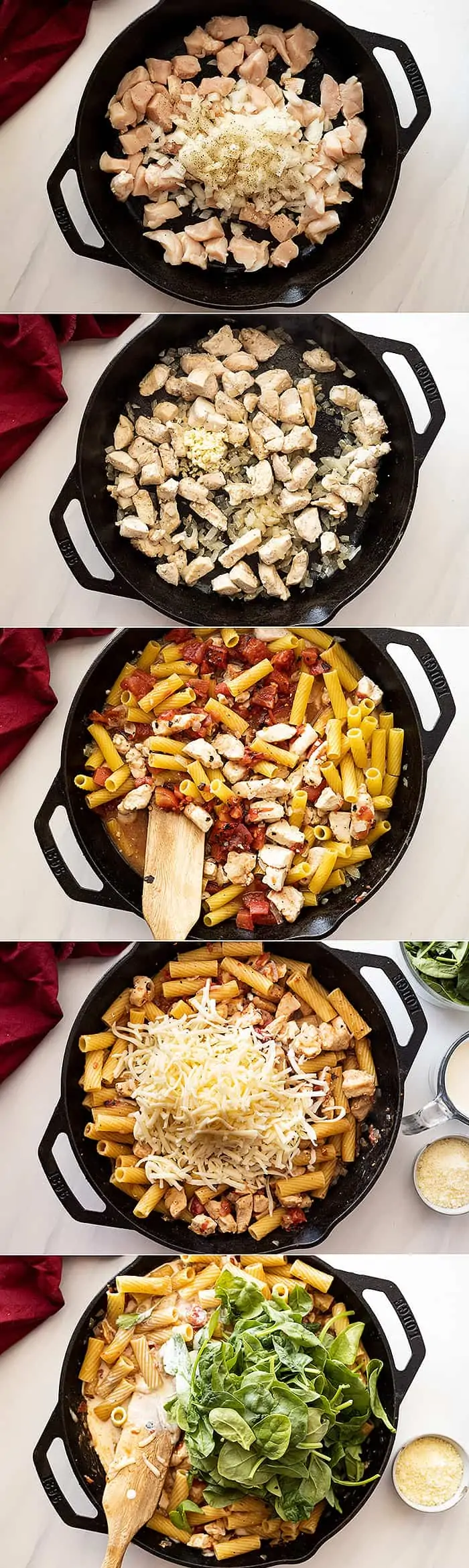5 overhead process shots showing how to make pasta florentine step-by-step